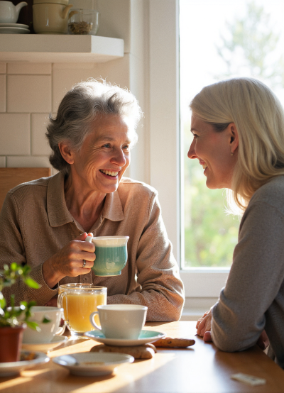 Caregiver and Careseeker (A) A smiling older adult chatting with a caregiver over tea in a sunlit kitchen