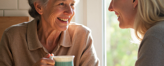 A smiling older adult chatting with a caregiver over tea in a sunlit kitchen